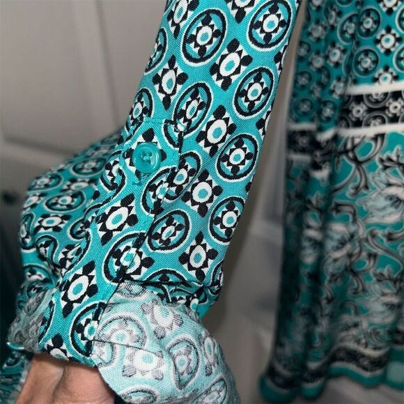 EST. 1946 Boho Tunic Blouse Turquoise White Geometric Print V-Neck size … - Picture 4 of 7